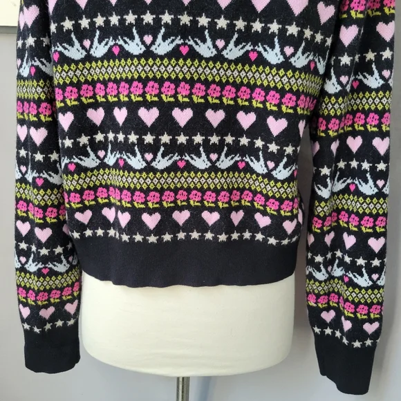 Anthropologie Maeve Hearts Dove Floral Cropped Novelty Cardigan Sweater L - Picture 12 of 14
